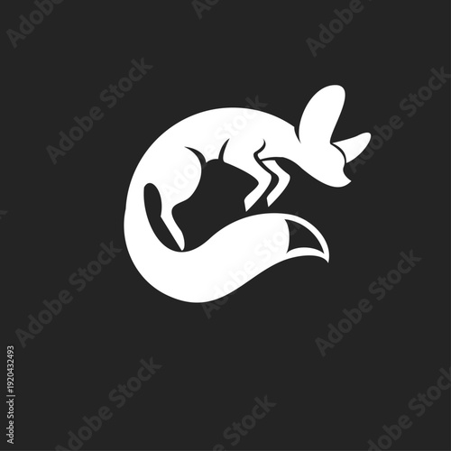 Stylized White Fox Leaping Logo Design, Minimalist Vector Illustration on Black Background