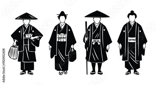 Traditional Japanese people wearing kimonos and hats, historical figures illustration, ancient Japan cultural clothing, black and white vector art.