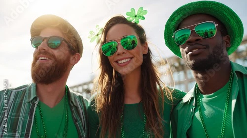 Three friends celebrate St. Patrick's Day. A young Caucasian man with a beard, a young Hispanic woman, and a young Black man wear green outfits and sunglasses.