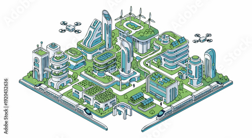 Isometric illustration of a futuristic green smart city with sustainable architecture and drones.