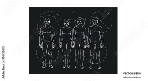 Blueprint of diverse human figures with anatomical diagrams and geometric shapes on a dark background, representing science and design.