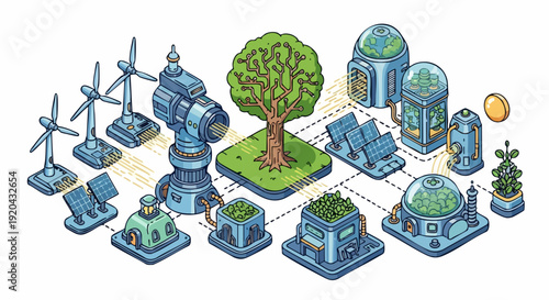 Futuristic Eco-Friendly Cityscape with Renewable Energy Sources and Green Technology.