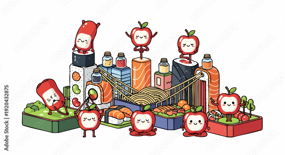 Fototapeta premium Cute Kawaii Sushi and Ramen Food Characters Having Fun Together.