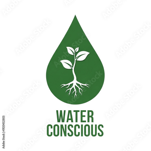 Water conscious green drop icon with seedling plant. Eco friendly conservation symbol. Sustainable agriculture and nature protection sign vector illustration.