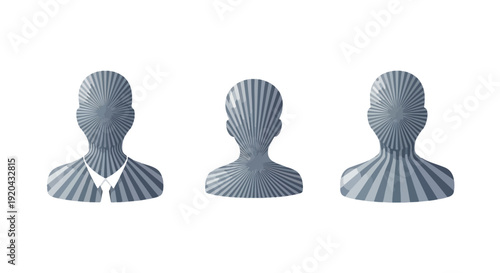 Three abstract human silhouette icons with a striped pattern representing diversity, individuality, and anonymity