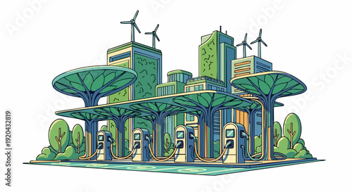 Modern Electric Vehicle Charging Station with Green Cityscape.