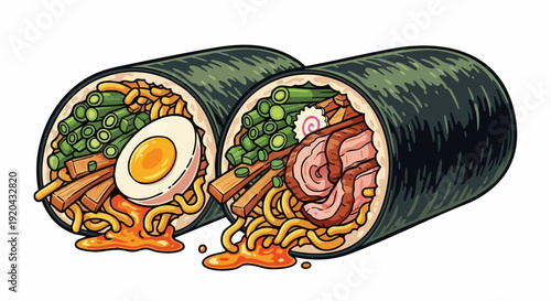 Delicious Ramen Burrito Rolls with Egg and Meat.