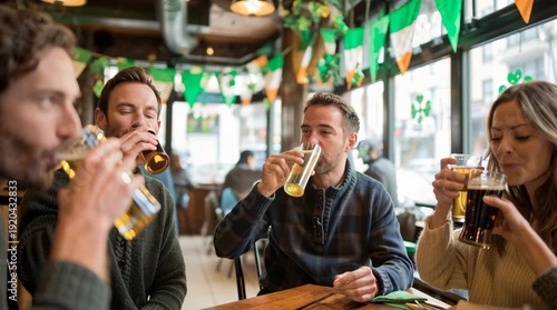 A group of four diverse friends celebrate St. Patrick's Day in a pub. They toast with beers, surrounded by festive decorations and a lively atmosphere.