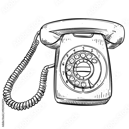 vintage rotary phone vector line art hand drawn illustration