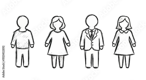 Diverse group of people icons, hand-drawn sketch style, representing men and women in casual and formal attire, symbolizing diversity and inclusion.