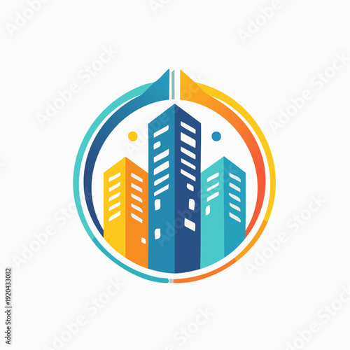 Modern Cityscape Logo Design with Skyscrapers within a Circular Frame