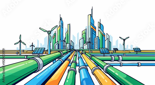 Sustainable Urban Infrastructure, Modern City with Pipelines, Solar Panels, and Wind Turbines.