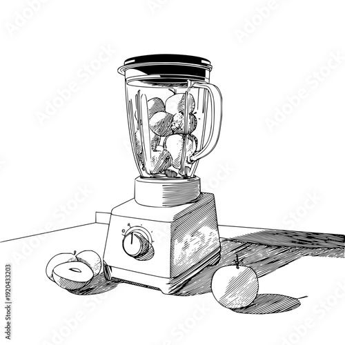 Illustration of a blender filled with fruit next to some apples on a kitchen counter surface