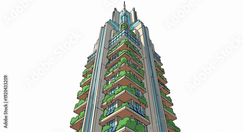 Modern architectural skyscraper with green balconies and unique design.