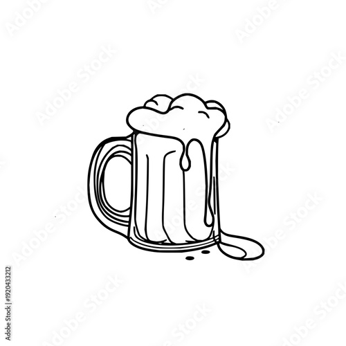 Illustration of a beer mug with foam overflowing down the side in a simple black and white drawing style