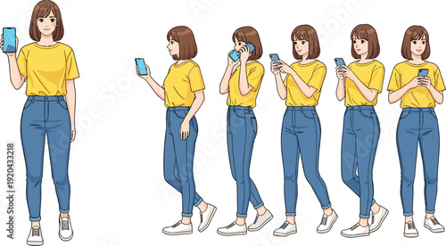 Young woman character set using smartphone for calling, texting, and showing screen wearing yellow t-shirt and blue jeans in flat vector style.