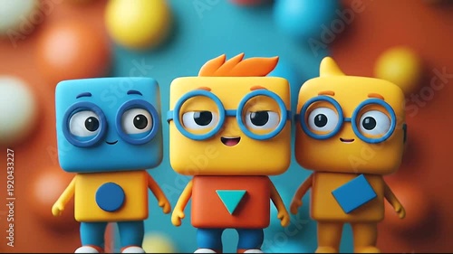 Colorful cartoon characters with playful expressions in a vibrant setting