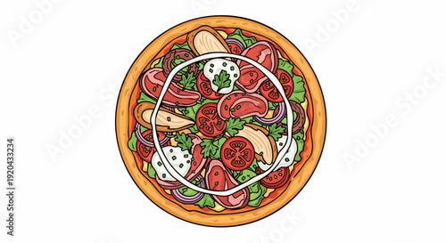 A mouthwatering pizza with assorted toppings on a golden crust.