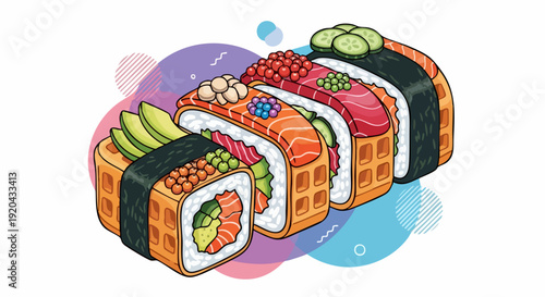 Creative Waffle Sushi Rolls with Various Fillings and Toppings.