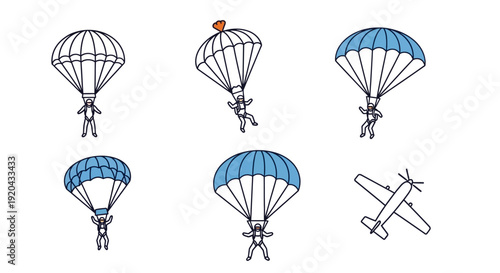 Parachuting Adventure: Skydivers and Airplane Icons