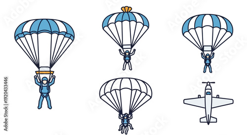 Parachuting Icons Set: Skydiver, Parachute, and Airplane