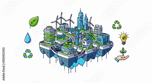 Eco-friendly city with renewable energy sources and sustainable living.