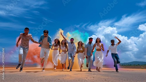 A group of diverse young adults joyfully celebrating Holi. They are throwing colorful powders in the air against a bright blue sky.