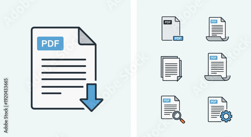 PDF Document Download Icon Set, File Format Concept