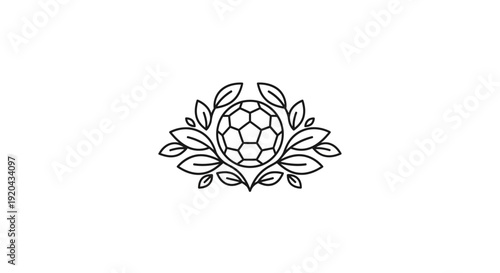 Soccer Ball with Ornate Decorative Leaves Emblem Line Art on Isolated White Background