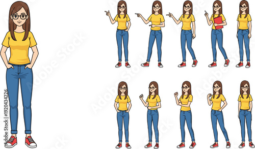 Modern young woman character vector set wearing yellow t-shirt and blue jeans featuring diverse poses including pointing, holding red folder, and standing for casual lifestyle designs.