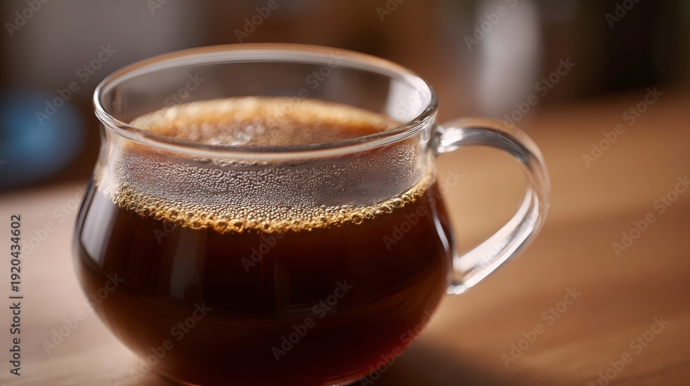Fototapeta premium Close up of hot freshly brewed coffee in a transparent glass mug on a wooden table with a soft focus background