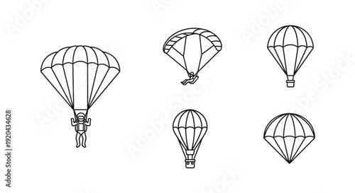 Parachute icons set, skydiving and parachuting
