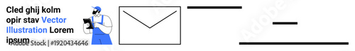 Mail services, communication, logistics, delivery systems, postal work, remote connectivity . Worker holding a tablet, envelope and lines communication. Mail services and communication themes
