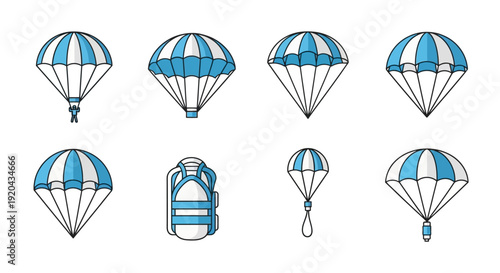 Parachute icons set. Skydiving equipment vector illustration