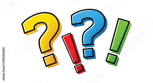 Colorful question marks and exclamation points arranged dynamically against a white background a bold silhouette high quality professional detailed modern elegant