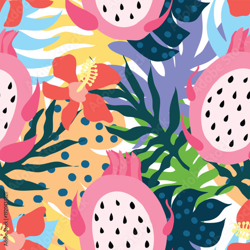 Seamless tropical pattern with red hibiscus flowers, dragon fruit, monstera and colorful leaves with playful polka dots. Pastel rainforest repeat perfect for spring and summer textiles and design