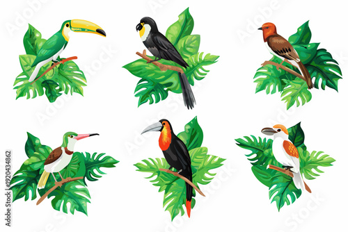 Colorful toucans and smaller birds perched amidst lush tropical foliage