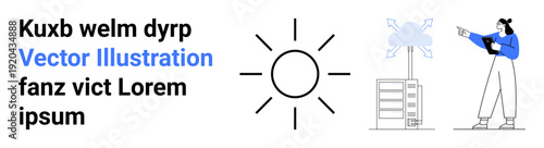 Sun icon, solar panel, cloud tech, and businesswoman with tablet. Ideal for clean energy, technology, innovation, education, sustainability presentations and simple landing page