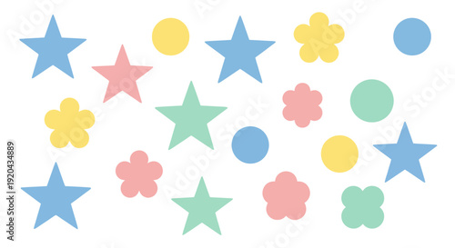 Pastel Geometric Shapes Pattern: Stars, Circles, Flowers, Background