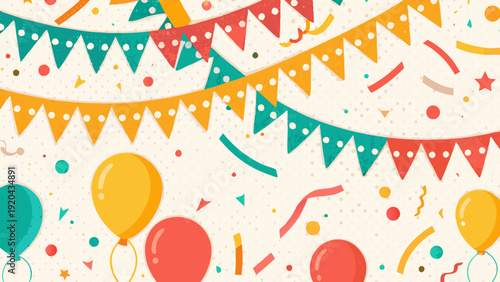 Festive background with colorful balloons confetti and triangular bunting flags