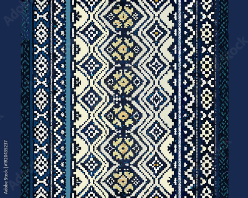 Intricate ikat pattern with geometric shapes and a navy blue background