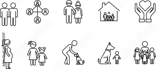 Black and White Linear Icon Set Featuring Family Social Community and Relationship Concepts with Pregnancy Elderly Couple Parents and Children