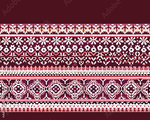 Intricate geometric pattern with maroon and white tribal motifs