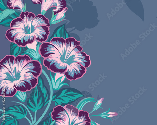 Stylized floral arrangement featuring pink and purple morning glory blossoms