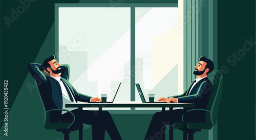 Two confident businessmen in suits engaging in a productive meeting at a contemporary office desk, utilizing laptops for collaboration and strategic planning.