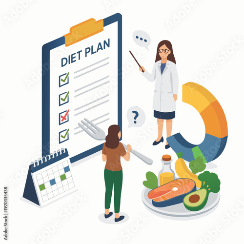 A vector graphic illustration of a dietitian presenting a meal plan to a client