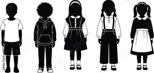 Black and White Silhouette Vector Illustration Set Featuring Diverse Children in Various Outfits Including Hoodie Dress Pinafore and School Uniform