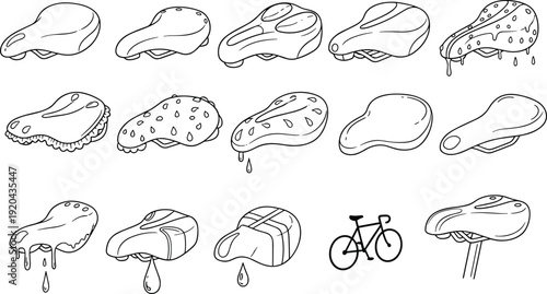 Black and White Outline Vector Illustration Set Featuring Various Bicycle Saddles and Seats in Multiple Styles for Cycling Maintenance Design