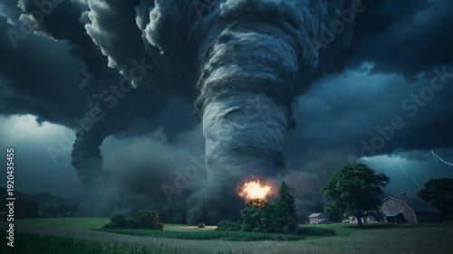 Tornade monstrueuse menaçant une maison isolée avec explosion de feu