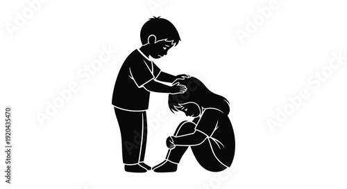 A young boy comforts a grieving girl in a poignant moment depicted in stark black and white silhouette high quality professional